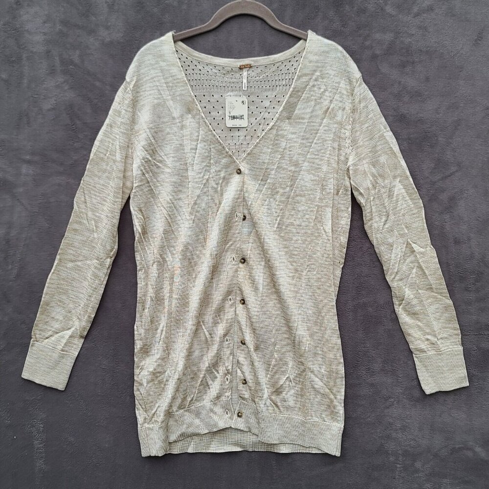 Free People Into The Night LS Tunic Cardigan Sweater S Beige Boho Button NWT